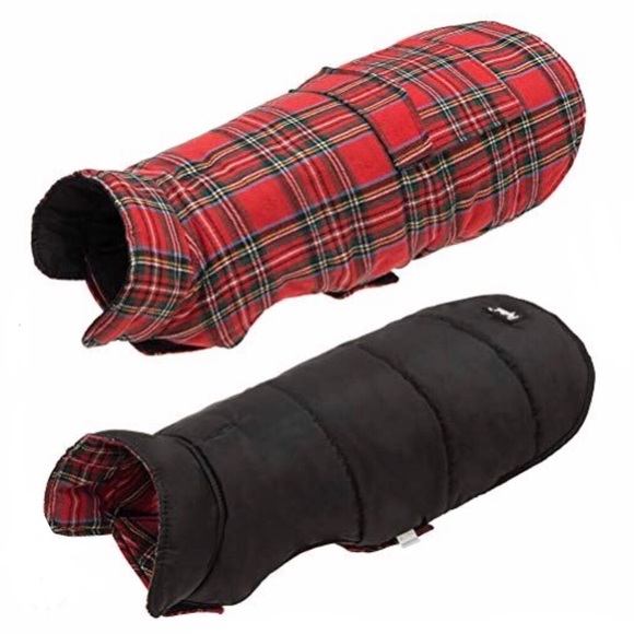 NEW REVERSIBLE Dog Coat XS Plaid Red Black + Red / Denim Leash - Picture 3 of 15